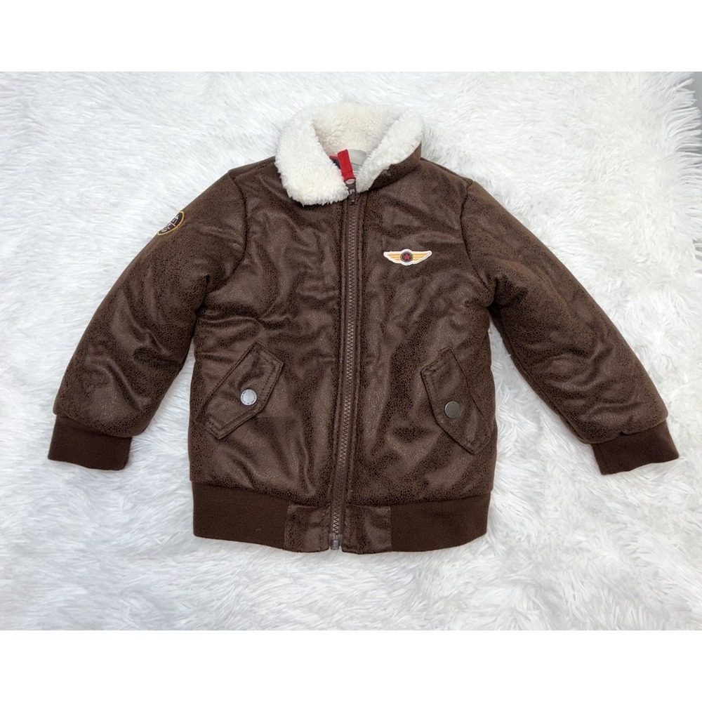 Little Me Toddler Boy Brown Faux Leather Aviator Jacket Sherpa Collar Size 2T